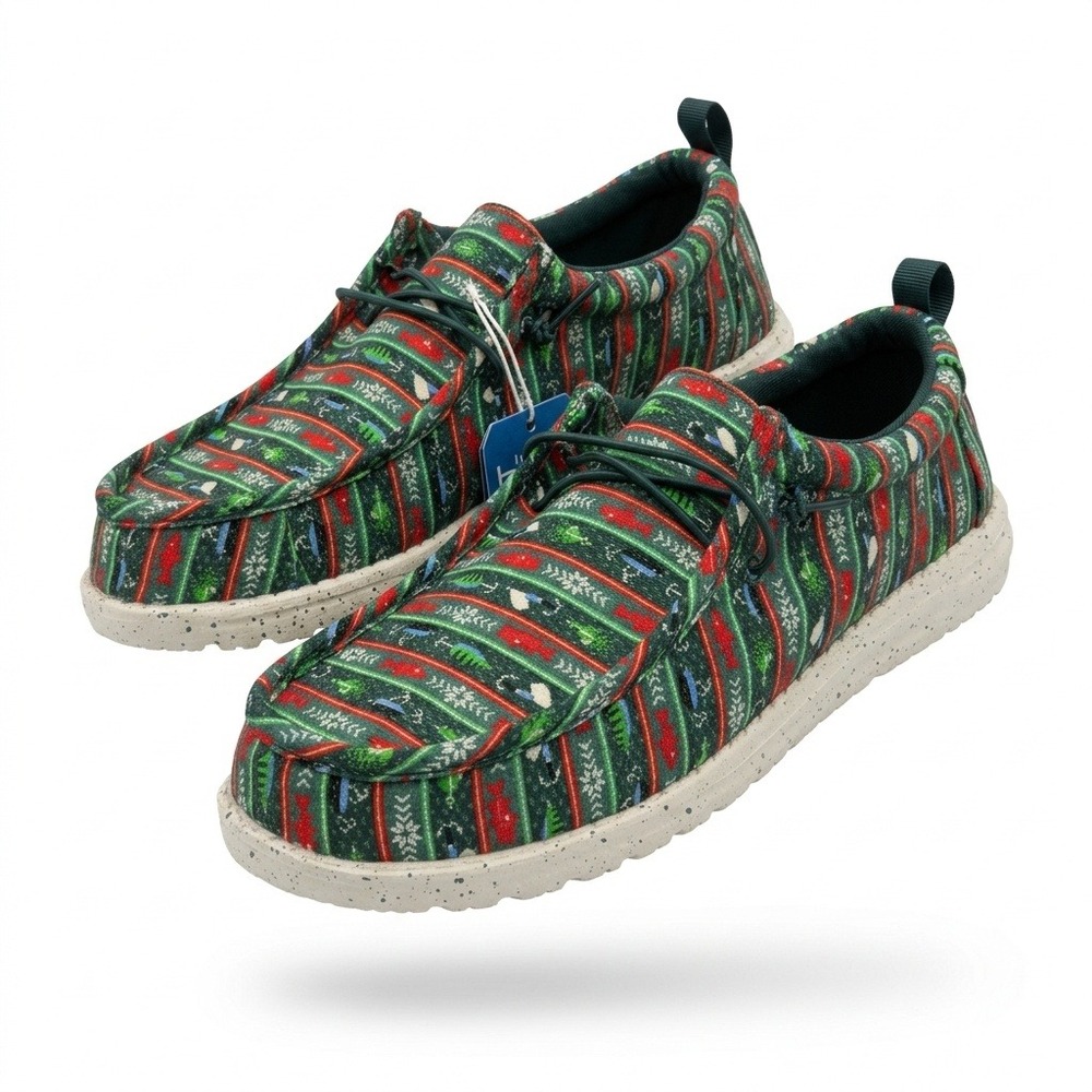 Hey Dude Wally Fishmas Sweater Mens Size 8 Pine Green New Holiday Loafers *NEW*